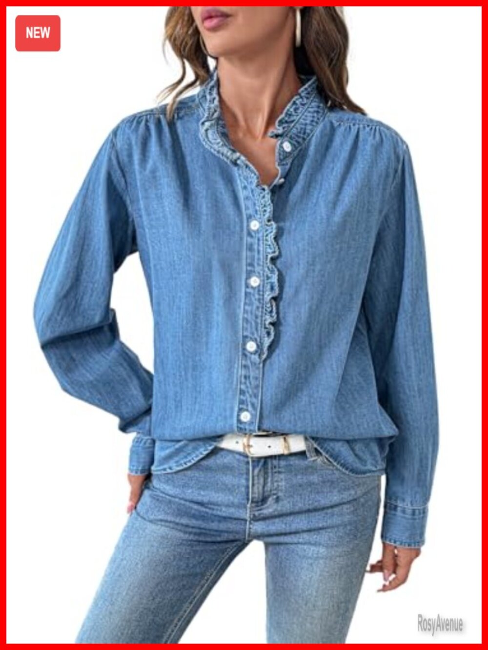 Women's Denim Button Down Shirt Ruffled V Neck Long Sleeve Casual Top
